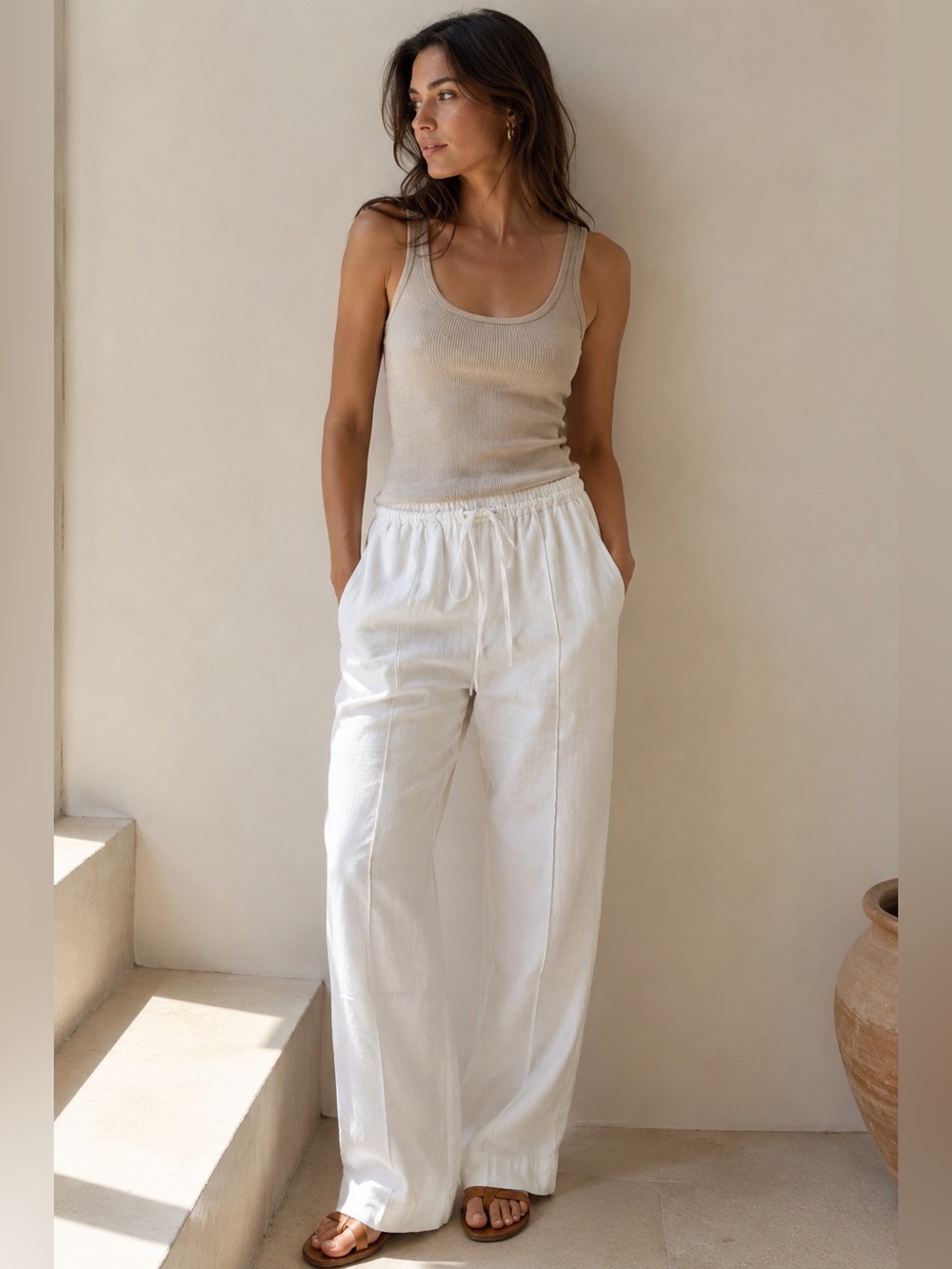 NWOT a new day Cream Wide-Leg Linen-Blend Pants